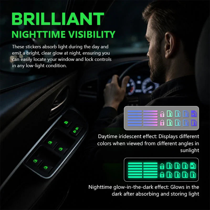 💡Car Window Lift Switch Luminous Stickers - Colorful Night Glow Warning Button Decal